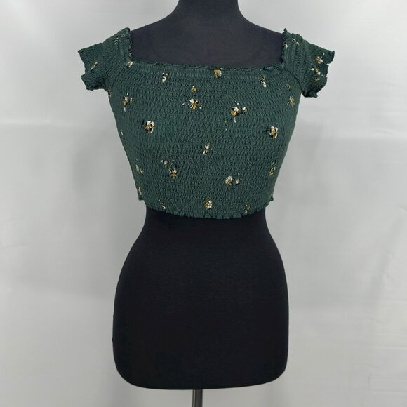 Abercrombie & Fitch green floral smocked puff sleeve crop top square neck size S - Picture 2 of 8